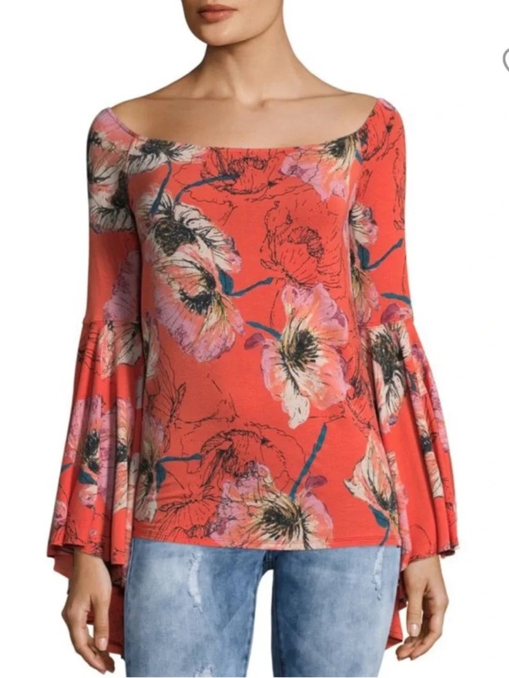 We The Free Floral Bell Sleeve Top Coral Pink Boho Blouse Approx Size M